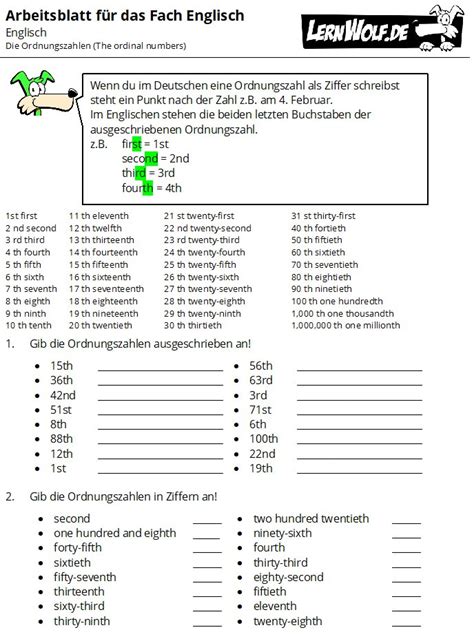 ordinal numbers übungen.